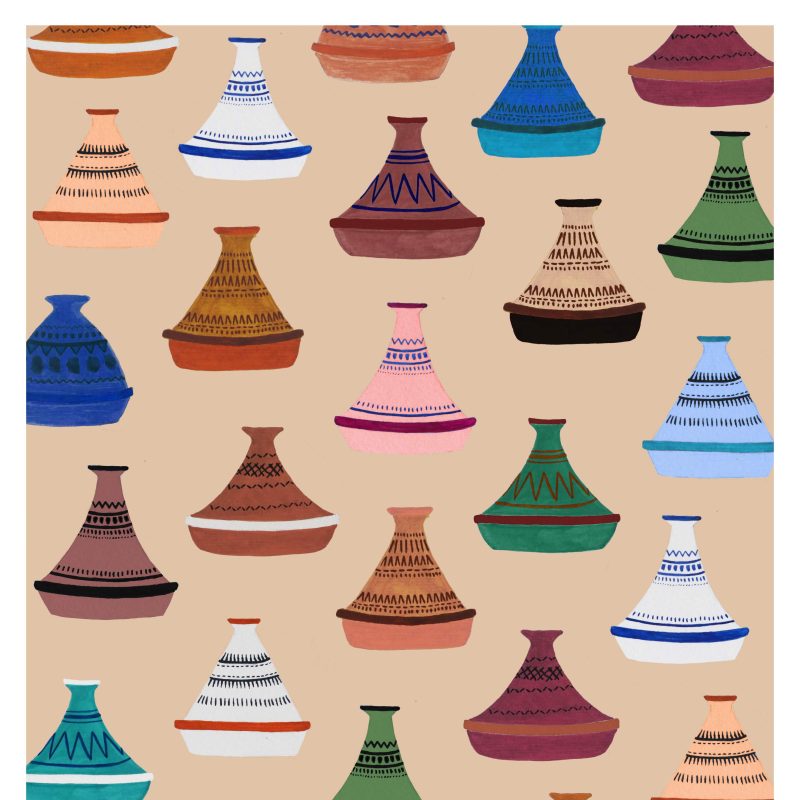 Different colourful tagines arranged as a pattern