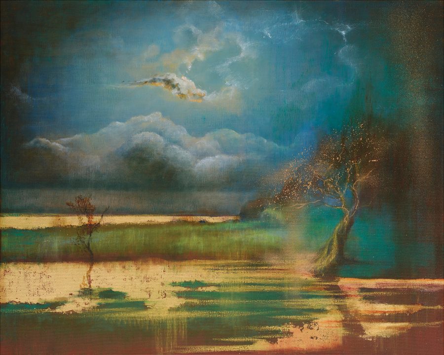 A mysterious night scene with moonlight illuminating a lake and trees