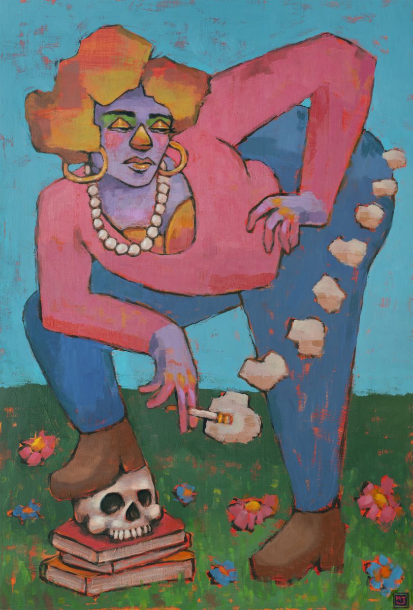 A vibrant, warm and emotionally engaging painting of a woman smoking a cigarette, perched outside, with her foot on a skull, atop of a pile of books.