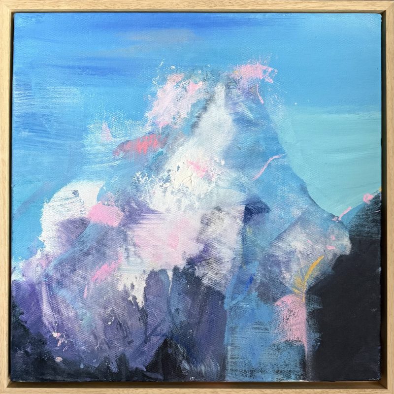 Acrylic abstract, blue sky, snow on the matterhorn, pink clouds and rocky textures