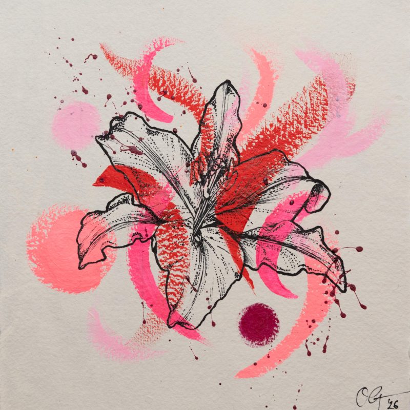 A hand drawn lily with paint splatters on the paper