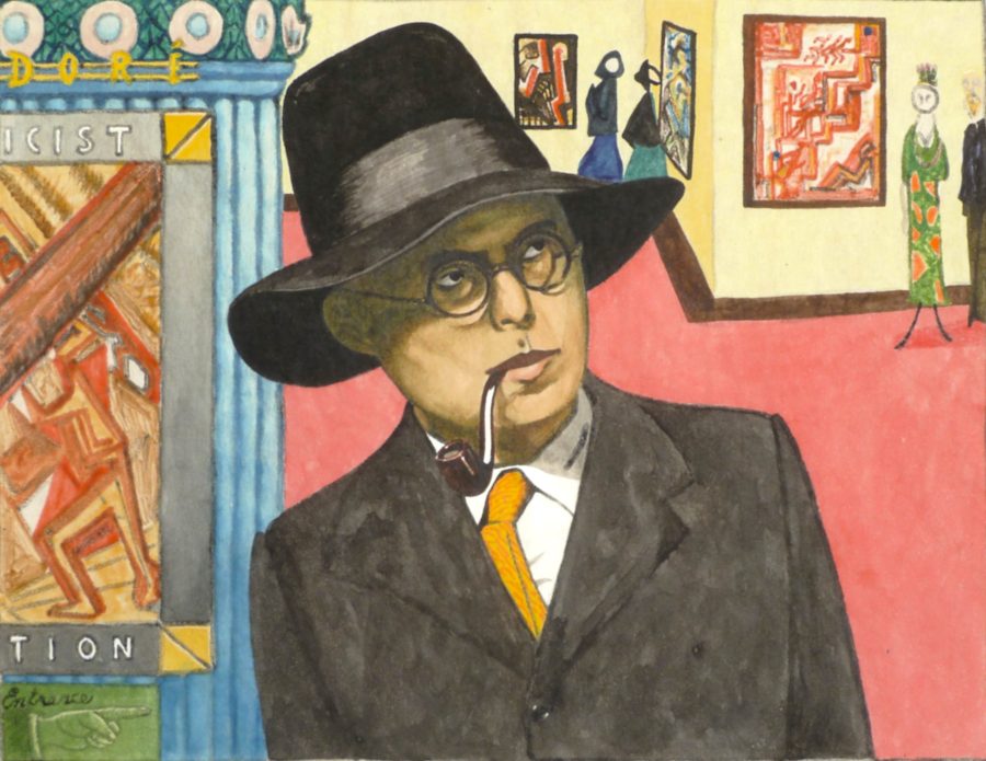 Portrait of Wyndham Lewis with pipe at the First Vorticist Exhibition surrounded by paintings 