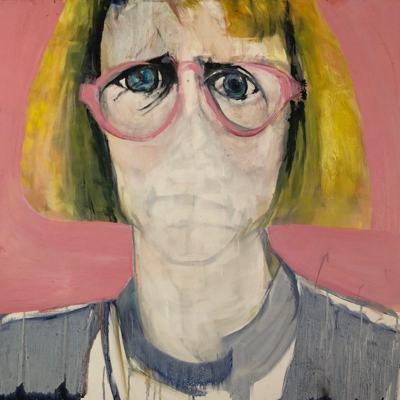Man in the pink looking worried is an oil painting on canvas, 90 x 90cm