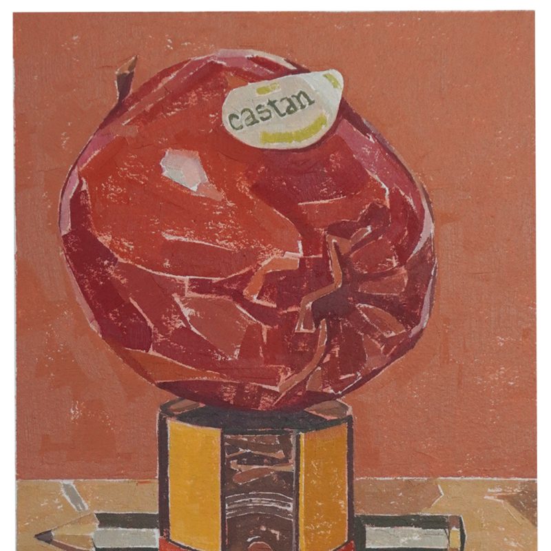 a painting of an apple and pencil sharpener 