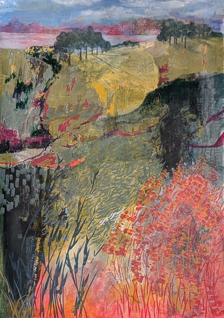 Seawards in horizon. Two copse of trees on the golden hills in background. Moving towards foreground fields and flowers dance . In front the glorious red bush invites you in. 