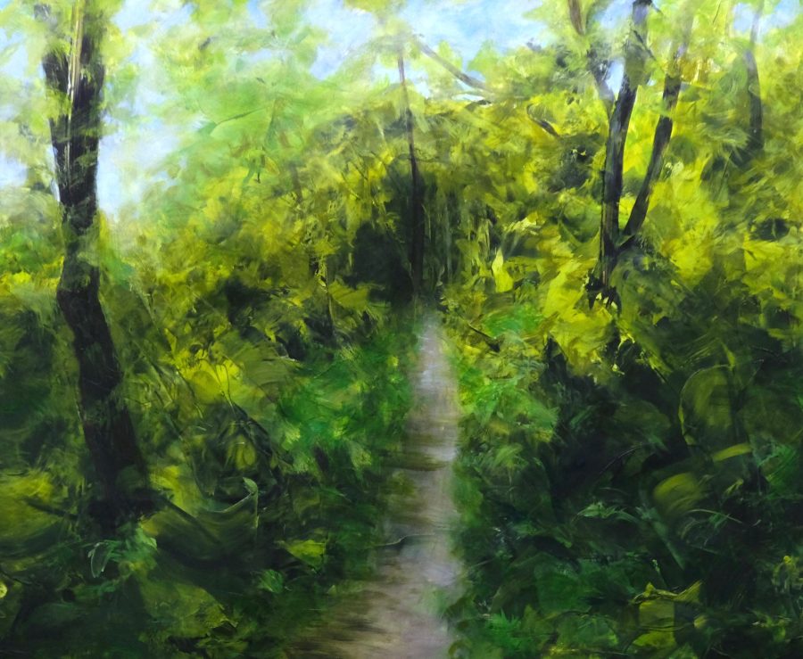 An impressionistic painting of the path through Stanmer Great Wood, in summer showing the lushness of the trees and bushes. Park, showing spring blossom. 