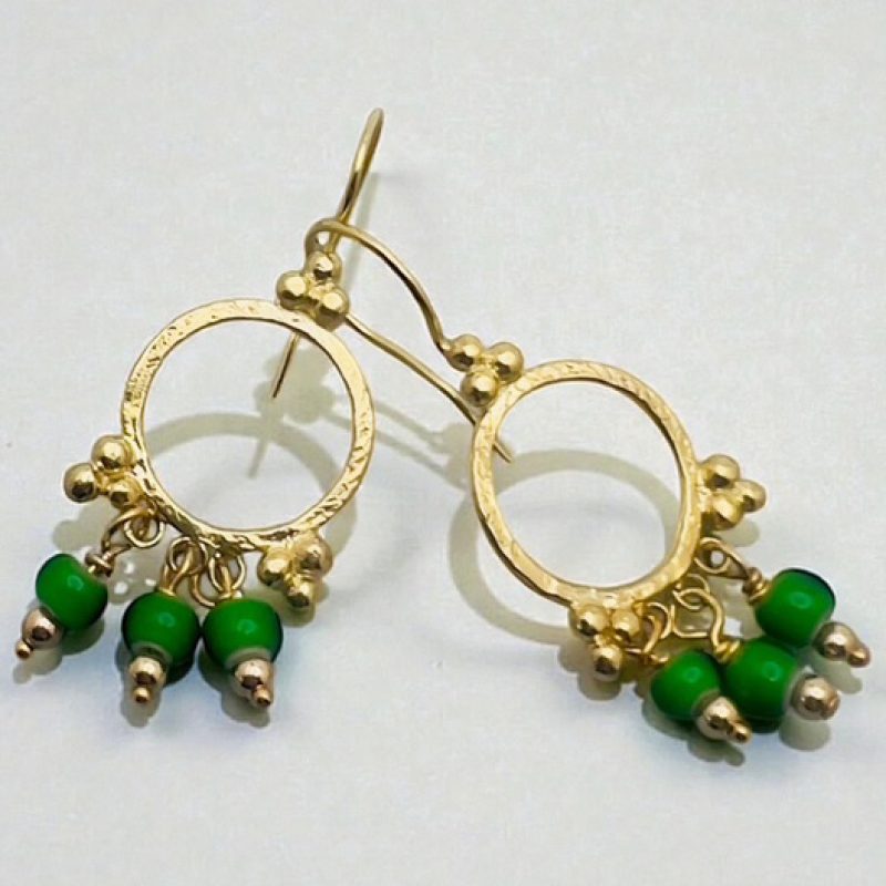 Green vintage glass trade beads on recycled silver and 18ct gold vermeil earrings