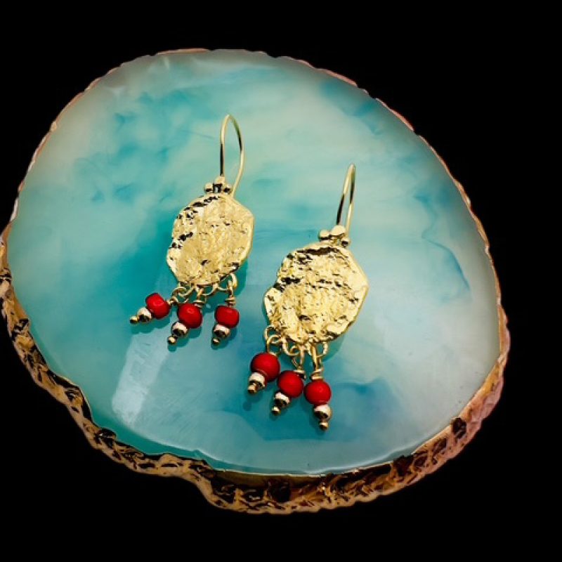 Red vintage glass trade beads on recycled silver and 18ct gold vermeil earrings