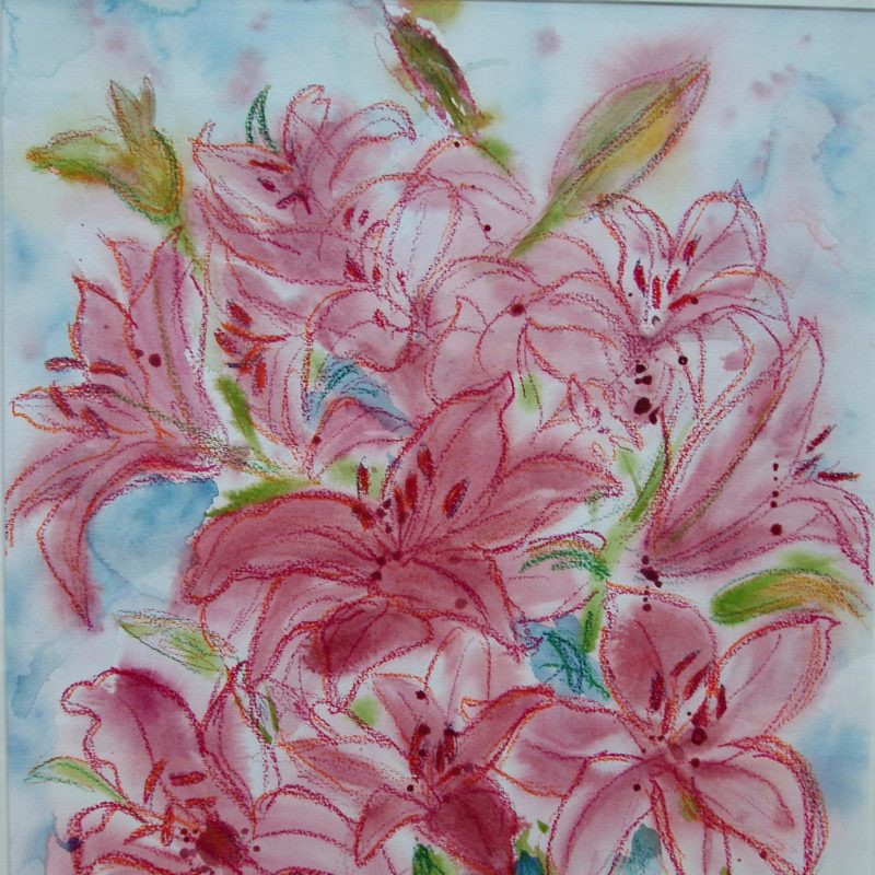 A mass of huge pink lilies against a pale blue background, green foliage below