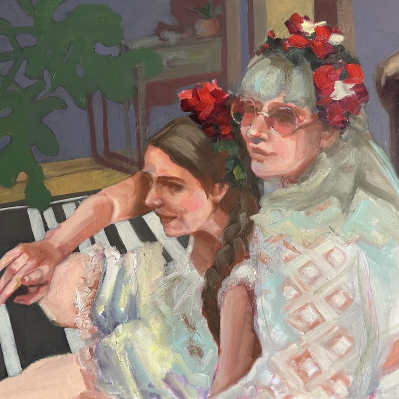A painting of 2 women together.