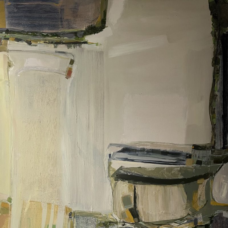 Painting of field formation, wide space of land in light colour, framed by green edges of fields and hedgerow 