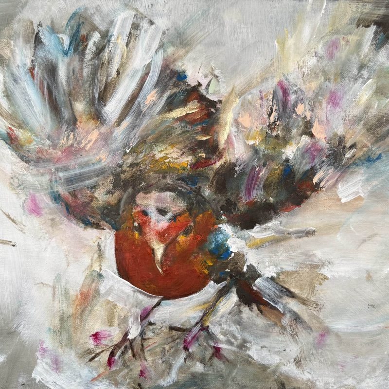Expressive painting of a robin with his wings flapping