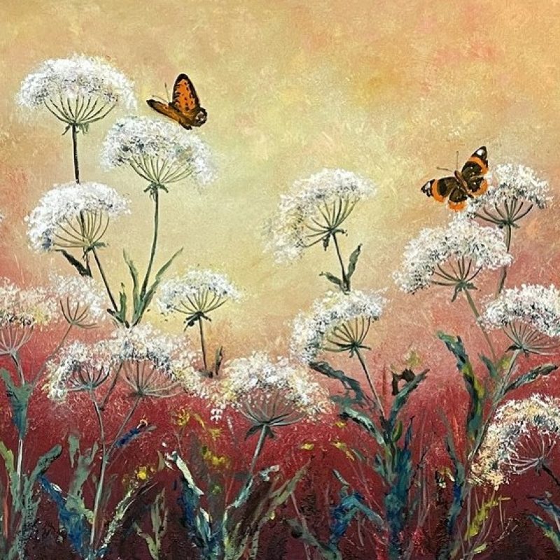 Butterflies & Cow Parsley Flowers hand painted in acrylic