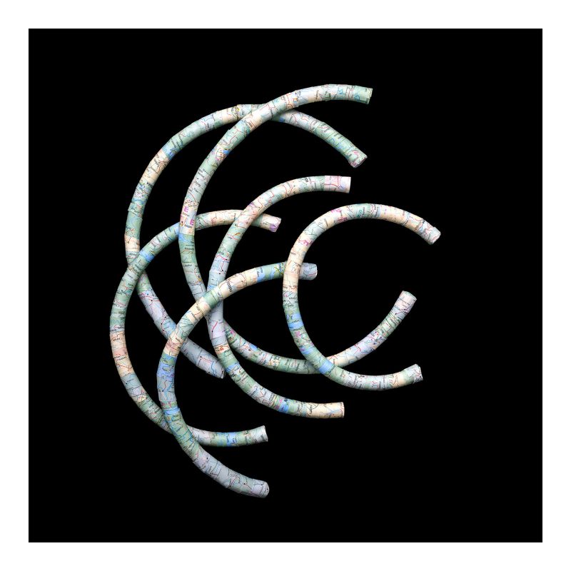 A collection of semicircles, all facing to the right, constructed using a map of Sierra Leone.  They 'float' in front of a black background 