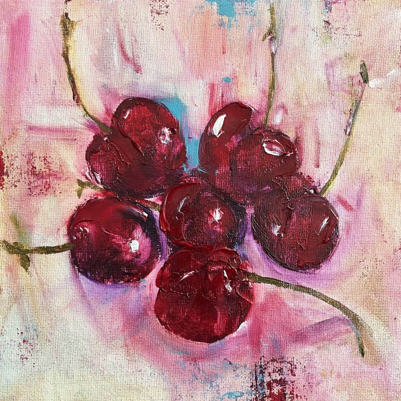 Six sticky cherries painted in oil on canvas