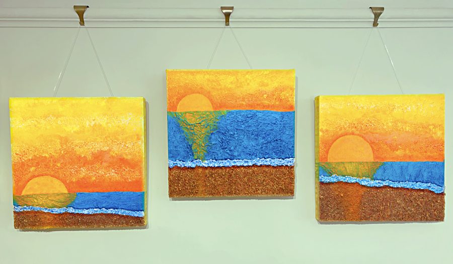 Evocative colourful textural collage and painting on canvas of sunrises on Brighton beach by Brighton Artist Troy Ohlson