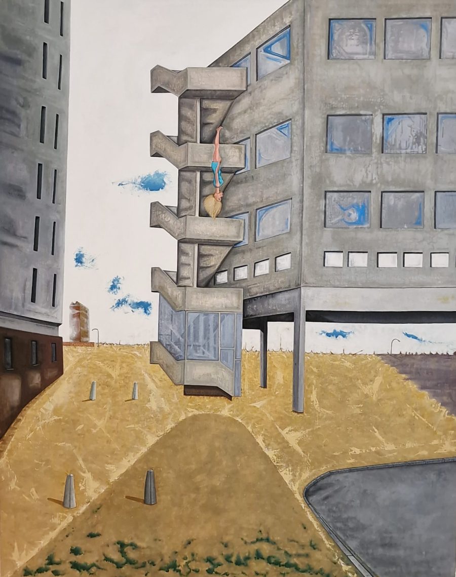 An urban, dystopian landscape with tall, looming buildings and a falling figure.