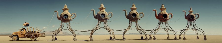 A row of giant, teapot-shaped machines on spindly wheeled legs crosses the desert at Burning Man, linked by cables and led by a small, ramshackle vehicle under a vast blue sky.