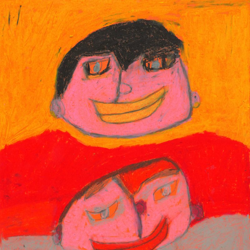 Triple portrait, three faces, bold colours, two happy, smiley faces and one sad looking. 