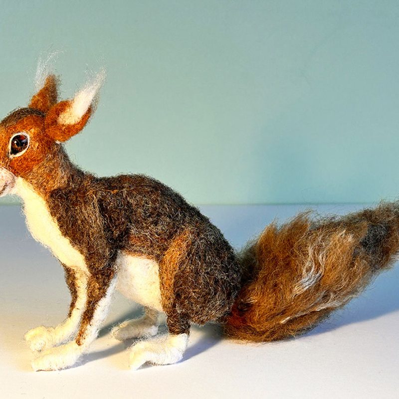 He is a free standing sculpture in needle felted wool with a lively expression his eyes.He has 4 feet on the ground and is a reddy- brown colour.