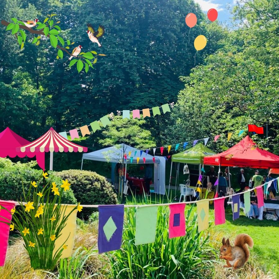 Colourful gazebos in wooded park