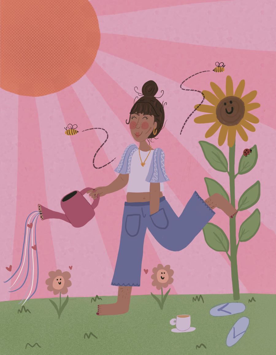 A happy woman is watering lush green grass against a raspberry sky. She is overlooked by a smiling sunflower and joined by bees and ladybirds.