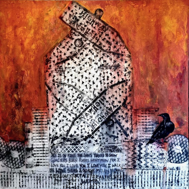 Ice is on Fire is  mixed media on canvas, 145x145cm