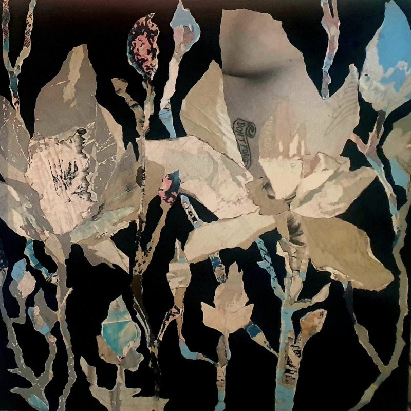 Urban Magnolia is Reused street posters and acrylic on canvas, 100x100cm