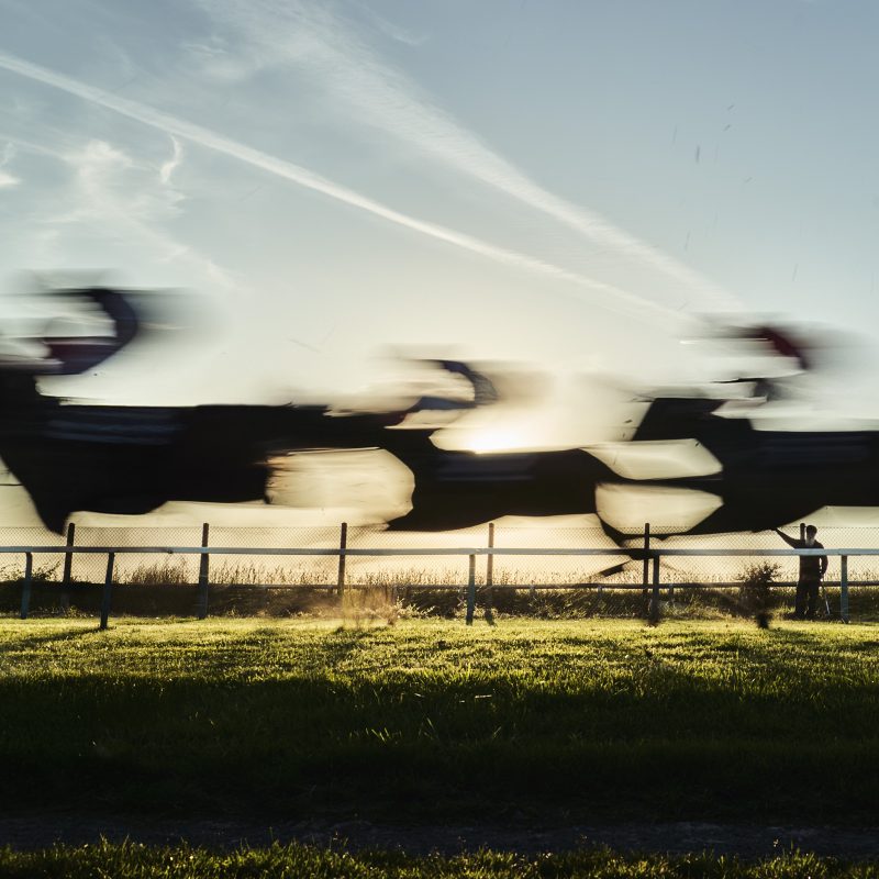 3 speed blurred race horses and Sikh groundsman