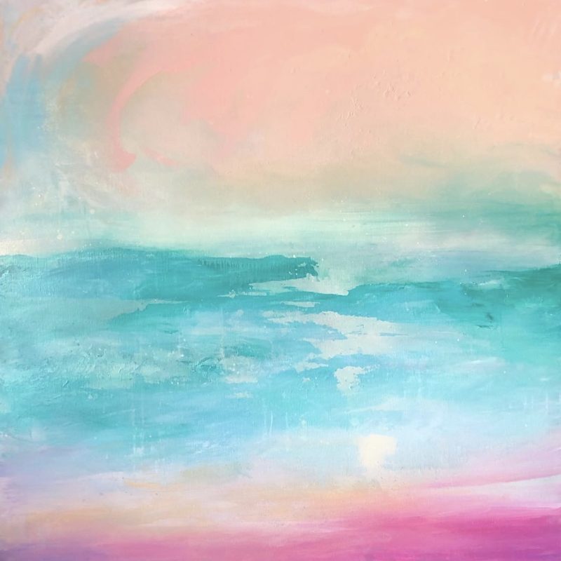 Peach, turquoise and raspberry sunset abstract painting