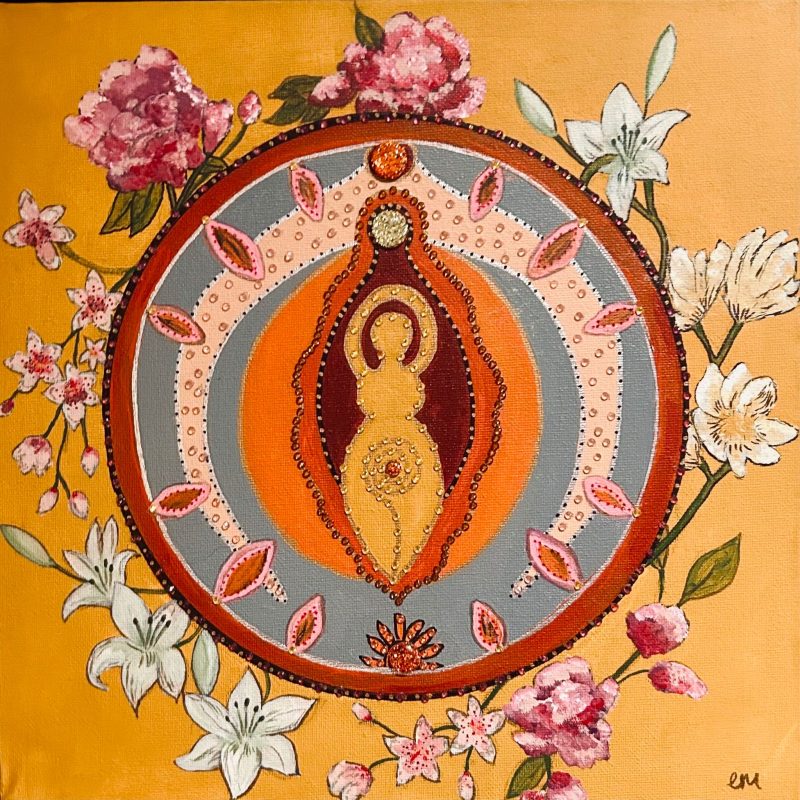 A mandala of flowers incasing a Goddess emerging from a vulva and surrounded by a clitoris.