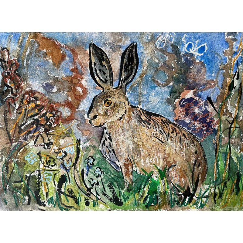 A watercolour illustration of a Hare looking at the viewers. Painting style is textured with expressive mark making.
