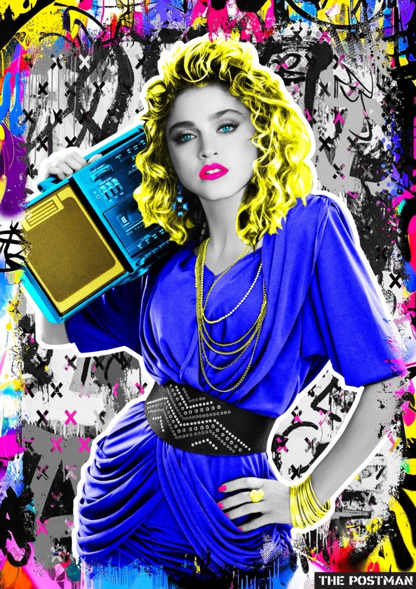  A pop-art portrait of singer Madonna. She has bright yellow curly hair and vivid pink lips, wearing a loose blue dress and gold jewellery, holding a cassette player on her shoulder. The background is covered in graffiti and splashes of neon paint, giving it a bold, energetic 1980s mood.