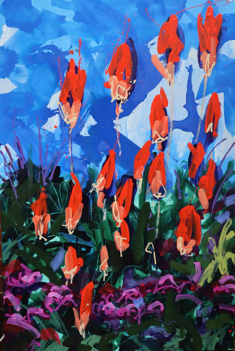 A large painting showing a firey image of Kniphofia flowers.  Bright red flowers against a rich blue sky.