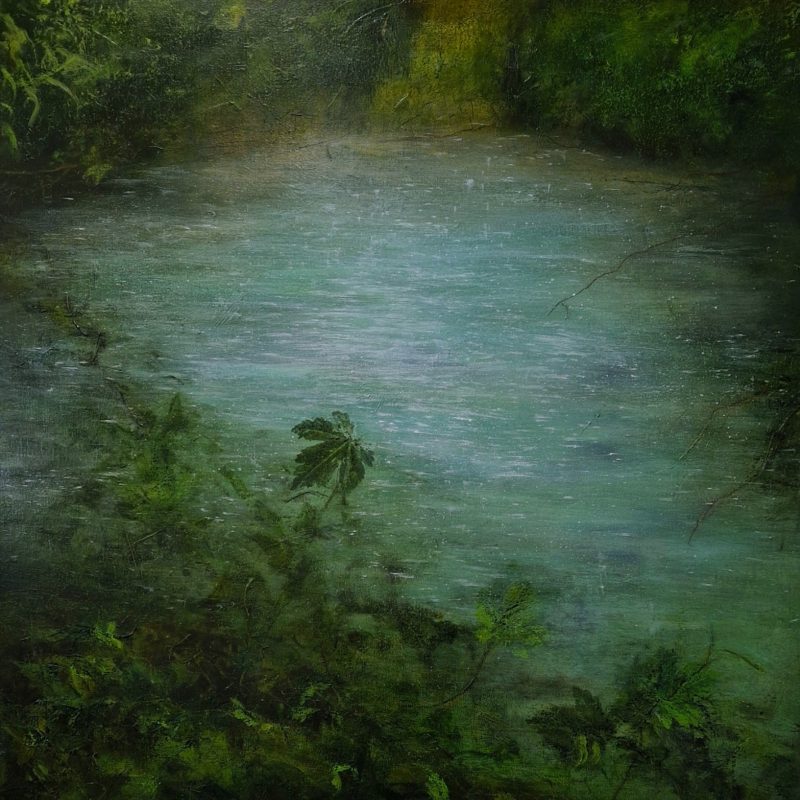 Predominantly turqouise water with reflected light depicting a chalk stream in Lewes.