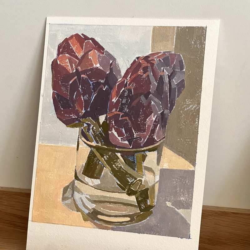 Painting of violet artichokes in a clear glass 