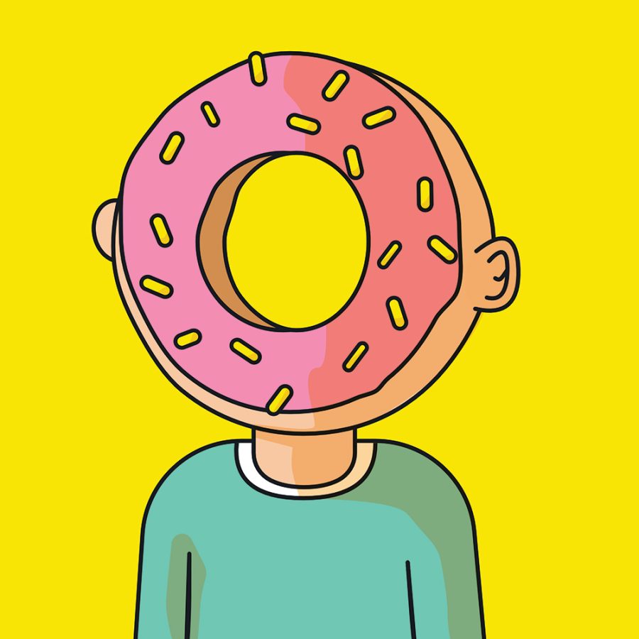 A person with a green shirt and a huge pink donut for a head on a bright yellow background. 
