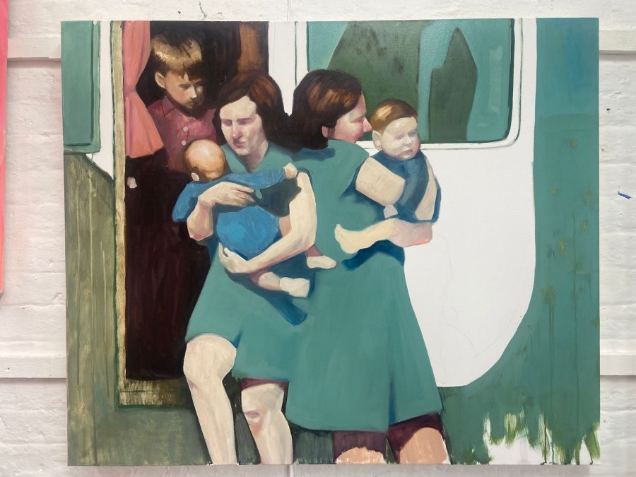 There are children outside a caravan , one is holding a baby , the painting is mainly a dull green 