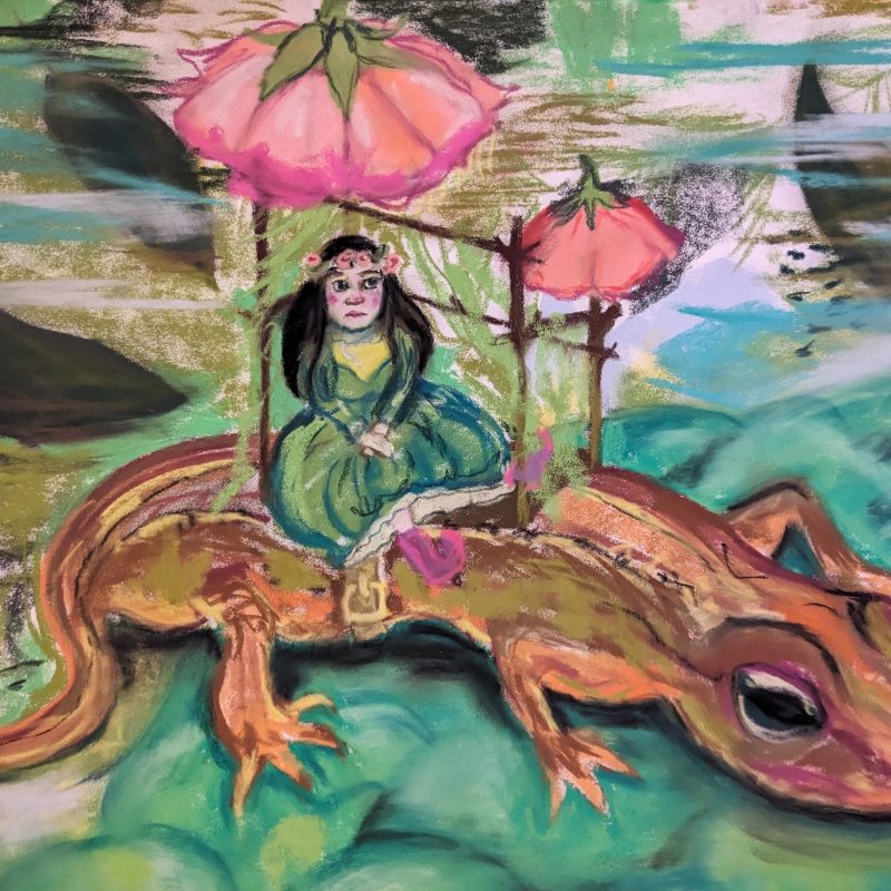 A feminine character, dressed in green, is riding a lizard and showing off her new pink boots. Is she a princess on a giant lizard, or is she a fairy on a normal sized lizard??