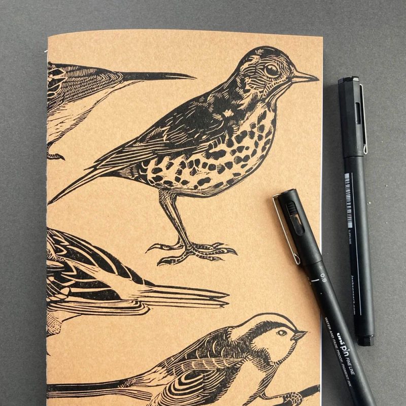 A5 lino printed bird notebook