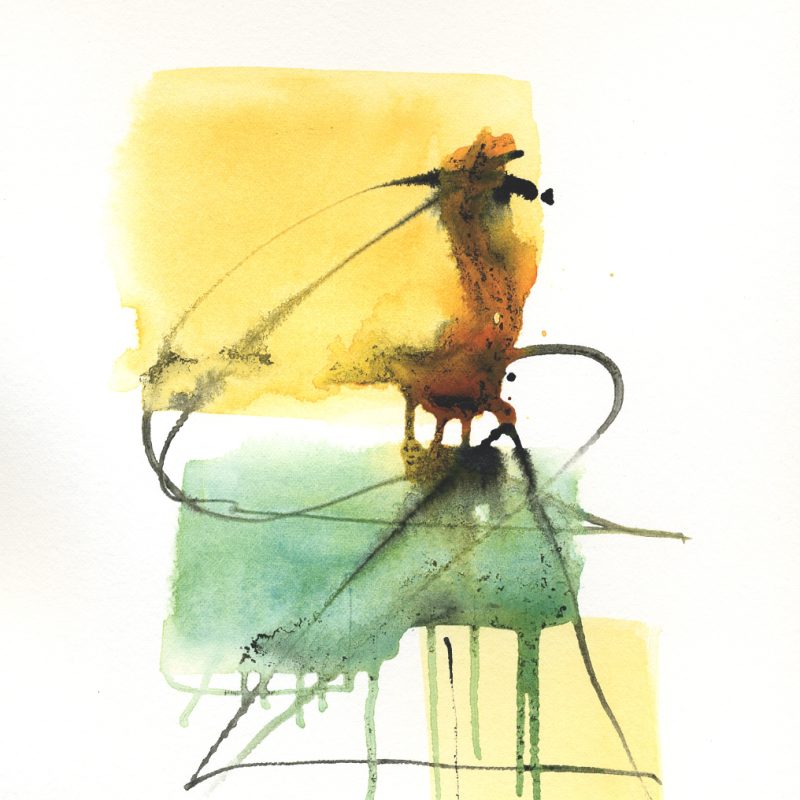 Abstract squares, yellow and green, plus dynamic lines. Ink and watercolour.