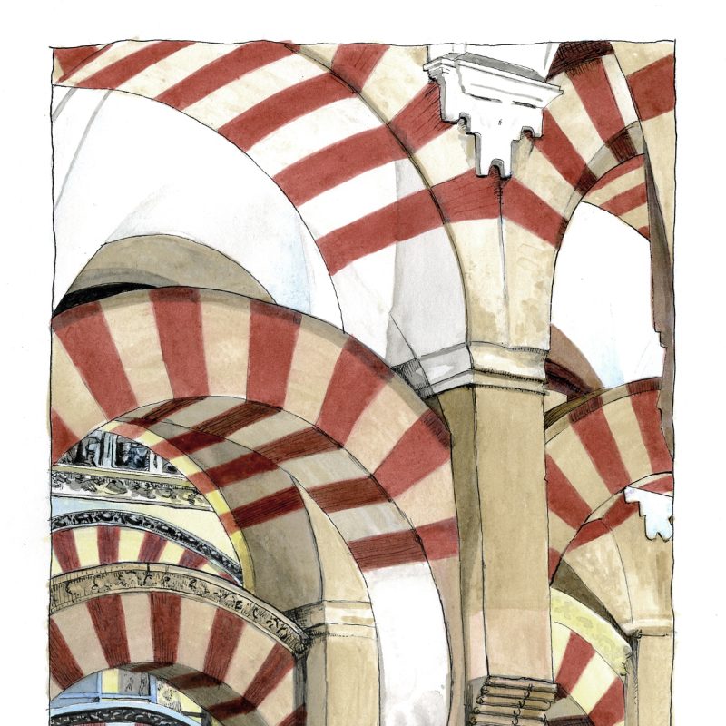 Arches, interior of the Mezquita, Cordoba. Ink and watercolour.