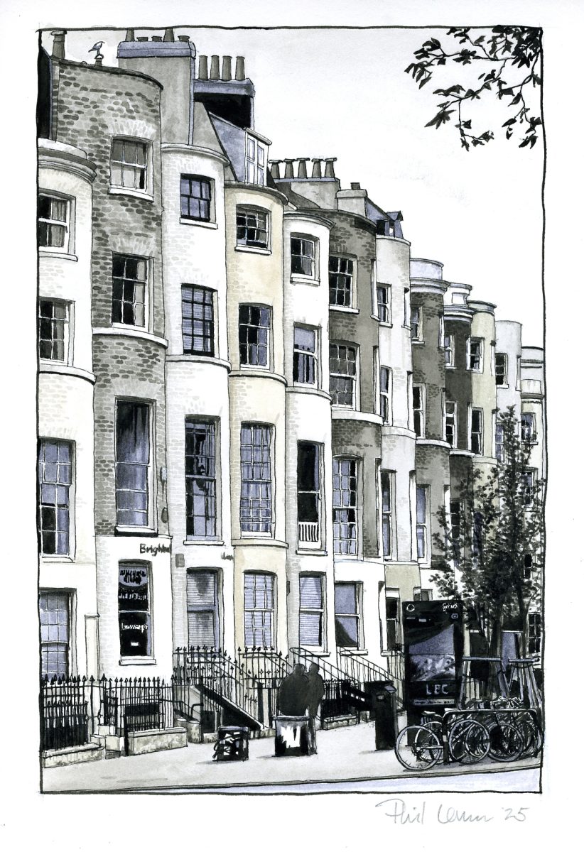 A terrace of bow-fronted Georgian town houses in Brighton. Ink on paper.