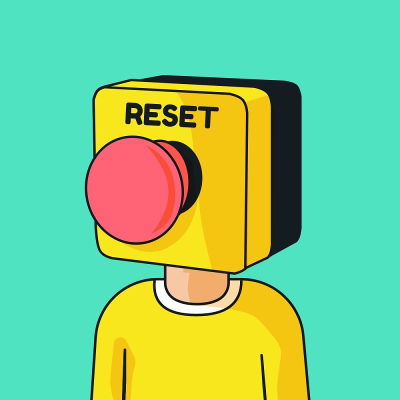Illustration of a person with bright yellow jumper and a head which is a giant reset button, with a green background