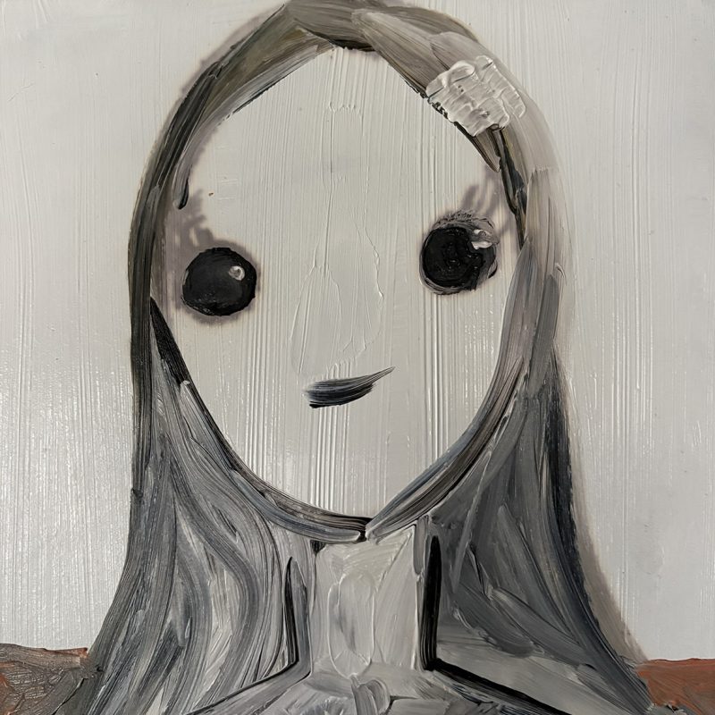 Simple greyscale closeup portrait of a girl withe long dark hair