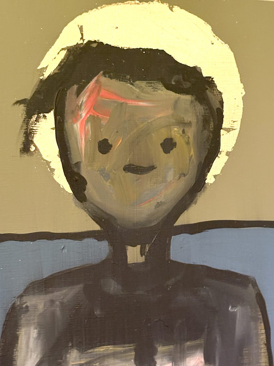 A man with a dark face, dots for eyes and a short line for a smile with a Gold disc of light behind his head.