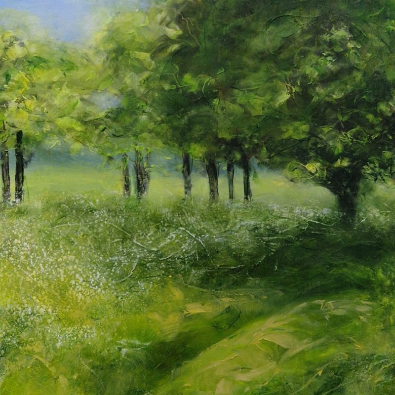 Impressionistic painting of a mown path through long cow parsley in Stanmer Park.