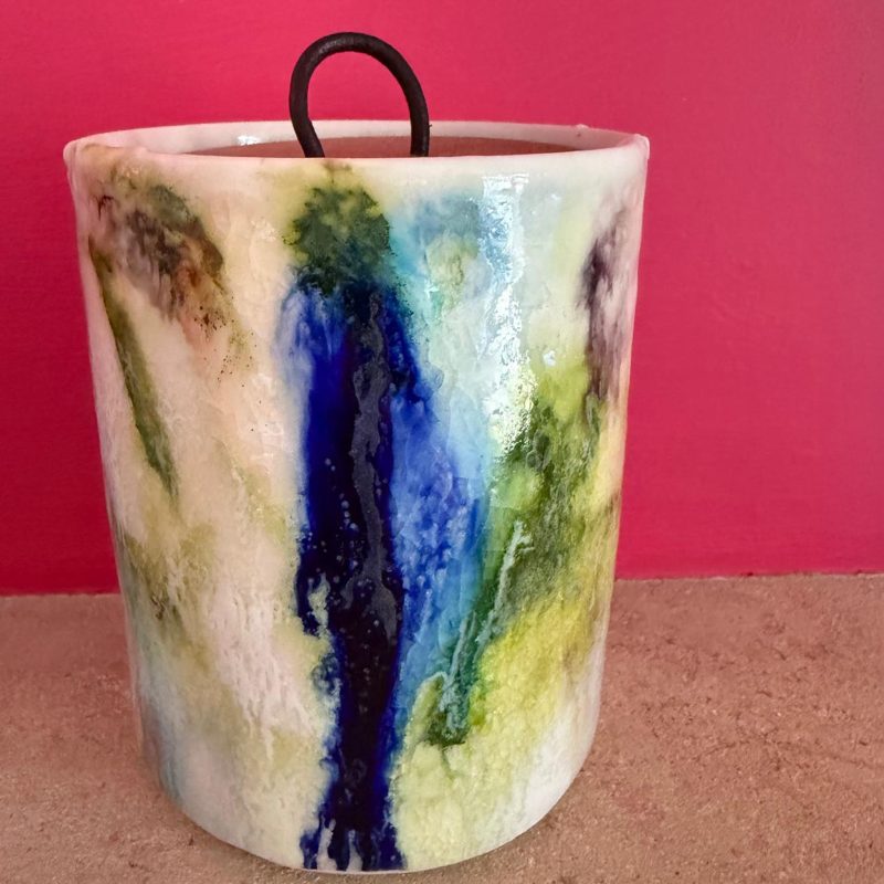 Small white, blue and green ceramic pot