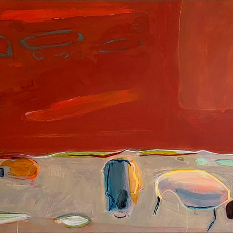 Evening Sheep fixed in their daytime grazing position.Colour defies the literal but play with a choreography of colour saturation and light.