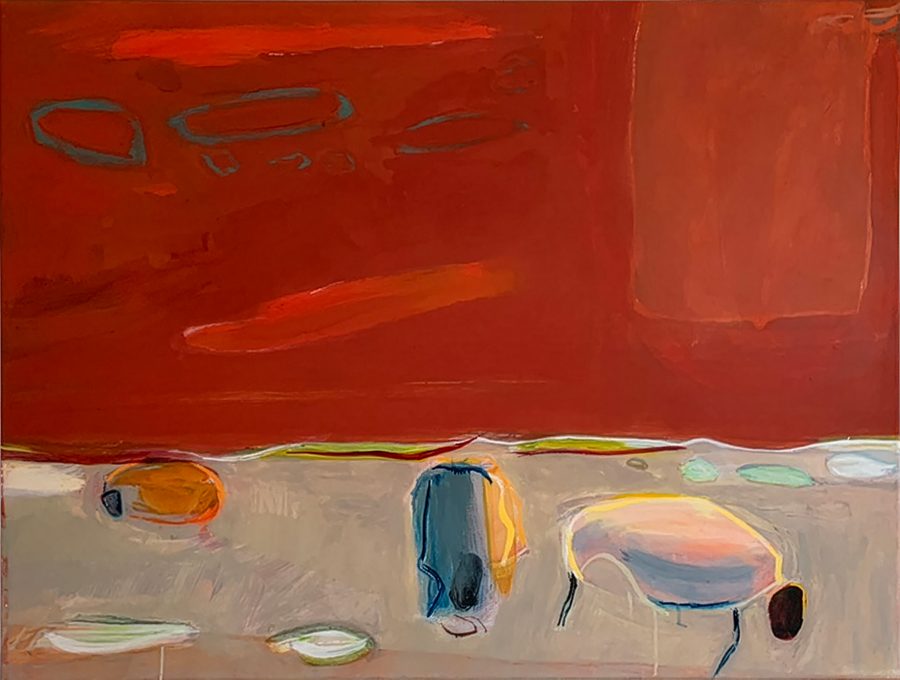 Grazing evening sheep before the bedtime migration in a valley below the South Downs. Colour is explored to express the sunset simmering presence of the Downs with the reflected light of the valley, a choreography offered and white.